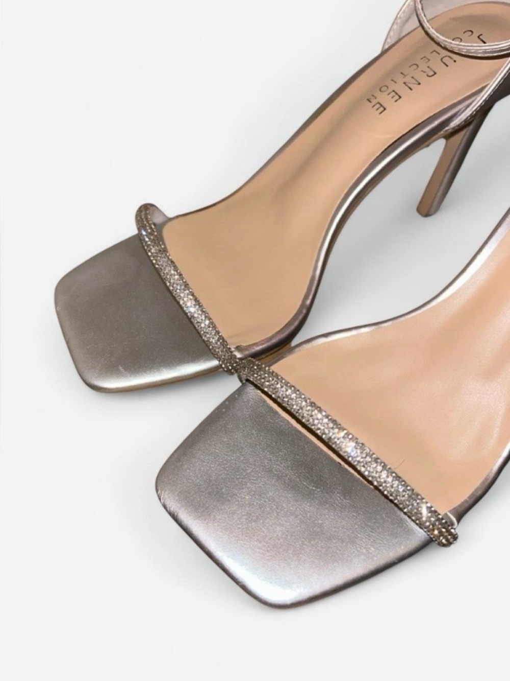 Silver Metallic Rhinestone-Strap Heel Sandal